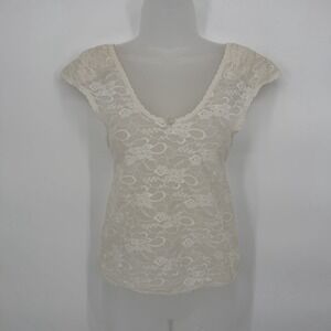 VTG Guy Laroche Sz M Sheer Ivory Short Sleeve Lace Cap Sleeve Top Made In USA